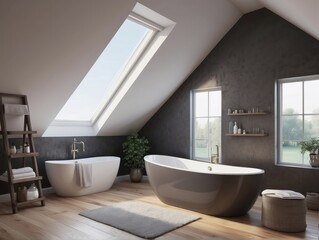 Elegant attic bathroom with bathtub