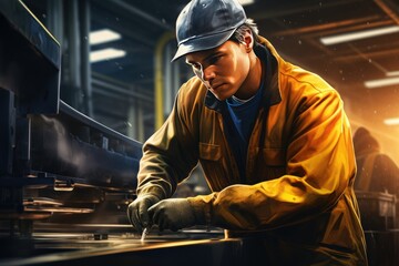 Work crew working with heavy metallurgical equipment, young male technician working in industry Ai generated