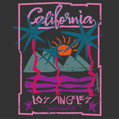the art of summer print design for summer beach women's graphic tee, California loss angels palm beach t-shirt or sweatshirt print design -vector