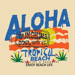 Vintage retro Summer sunshine tropical beach print design, Aloha Typography text print design for graffiti vibes, summer t-shirt or sweatshirt vector graphic - obrazy, fototapety, plakaty