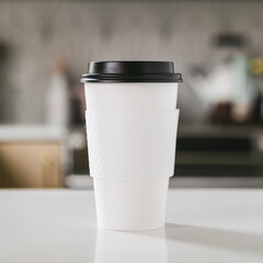Trendy To-Go Coffee Cup on Counter - obrazy, fototapety, plakaty