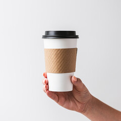Woman Holding Disposable Coffee Cup with Neutral Background