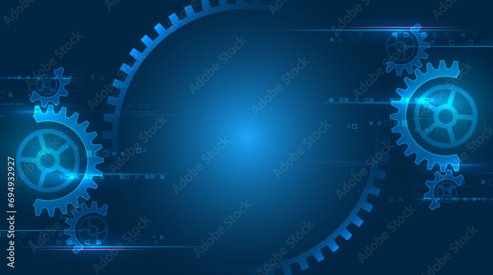 Aufkleber Futuristic high tech concept. Business and industry internet banner. The mechanism consisting of gears on a blue background for the presentation. Cogwheel for science experiment presentation.