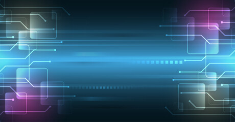Obraz premium Hi-tech digital technology concept. Illustration of high computer technology on blue background. Abstract futuristic design. Sci-fi, dynamic vector illustration.