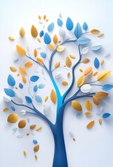 Colorful tree with leaves on hanging branches of blue, white and golden illustration background. 3d abstraction wallpaper. floral tree with multicolor leaves, Generative AI