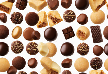 various chocolate pralines on white background