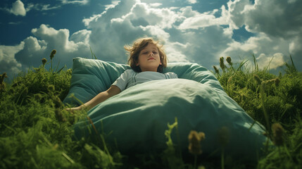 Child relaxing on green grass under a serene sky, embodying peace and enjoyment in nature