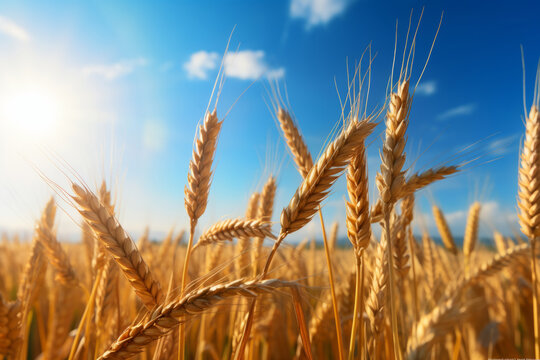 Wheat ears. Field of wheat in a summer day. Harvesting period. Generative AI
