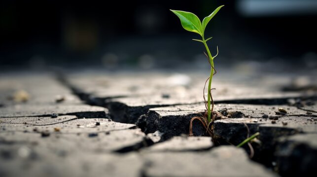 A seed sprouting through cracked concrete. the delicate tendril pushing through the harsh surface, emphasizing the power of resilience and rebirth
