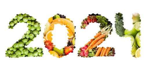 New year 2024 numbers made of fresh fruits and vegetables