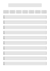 Blank Bass Guitar or Ukulele (5 strings) tablature sheet template with chords blocks to write music. A4 format in portrait mode with a song title and artist name block at the top - obrazy, fototapety, plakaty