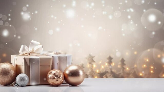 Animated snow falling on winter arrangement with Christmas gift box with a white bow and beige neutral ornaments on whitertime background with copy-space.