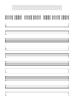 Blank Bass Guitar or Ukulele (5 strings) tablature sheet template with chords blocks to write music. A4 format in portrait mode with a song title and artist name block at the top