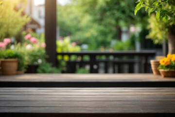 Wood table on blur of cafe, coffee shop, bar or restaurant background - can used for display or montage your products