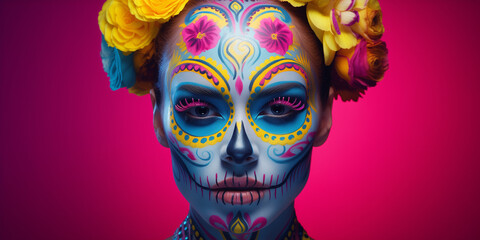 Cinco de Mayo. Calavera: Abstract Mexican Skull Face Paint. An abstract banner featuring a hyper-realistic portrait in Mexican carnival style.