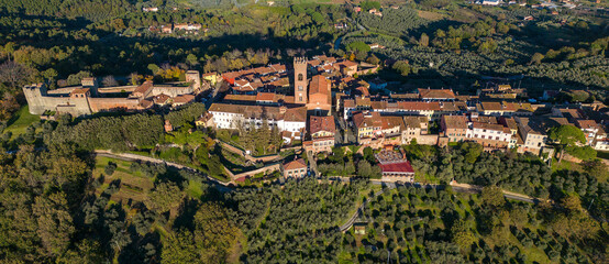 Panoramic aerial view with drone of the city of Montecarlo province of Lucca Tuscany Italy - obrazy, fototapety, plakaty