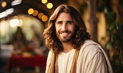 A Happy Jesus Christ with Flowing Locks and a Beaming Smile