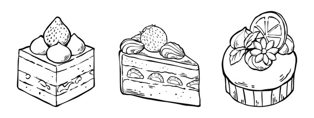 Beautiful strawberry cake line drawing set. Doodle line art illustration. Coloring pages images. Vector illustration isolated on white background.