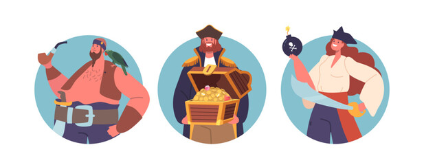 Fototapeta premium Isolated Vector Round Or Avatars With Cartoon Pirate Crew Male And Female Characters With Ragged Attire, Chest