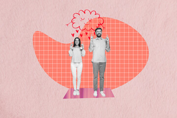 Creative collage picture illustration excited smile happy young couple show fingers up point cute draw cloud hearts fall down sketch