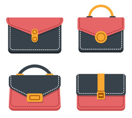 Women bags and clutches set. Feminine handbag or flap clutch. Modern trendy accessories, textile or leather handbags, fashion collection for girls, female bags icon. Vector illustration