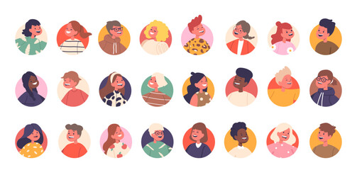 Joyful Children Avatars With Radiant Smiles, Sparkling Eyes, Vibrant Outfits Radiate Happiness, Vector Set
