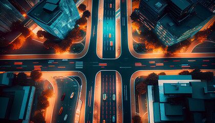 Overhead view of roads in a futuristic city with autonomous vehicles, overlay vehicle tracking system, Background, Ai generated image.