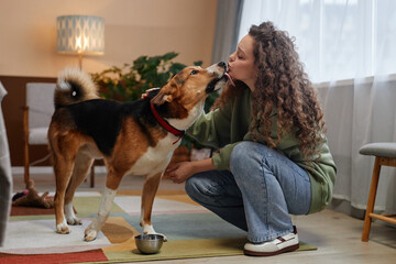 Full length portrait of mixed breed dog kissing girl in cozy home, copy space