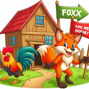 The fox is in the henhouse but, the rooster is standing by. cartoon characters