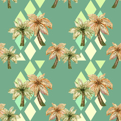 Tree forest coconut watercolor seamless  pattern - obrazy, fototapety, plakaty