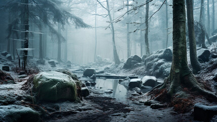 dark foggy forest with bare trees