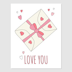 Hand drawn cute greeting card for Valentine's day, birthday, wedding.  Gift, package, parcel tied with pink ribbon. Text, lettering, phrase "Love you". Vector illustration of postcard templates