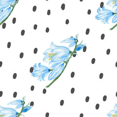 Cute wild Bluebell flowers and herbs seamless pattern. TemplateCute wild Bluebell flowers and herbs seamless pattern. Template