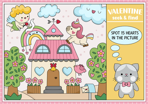 Vector Saint Valentine searching game with house and kawaii characters. Spot hidden objects in the picture. Simple love holiday seek and find printable activity with unicorn, cat couple, hearts.