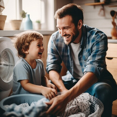 Obraz premium person in the laundry, father and son, happy relations