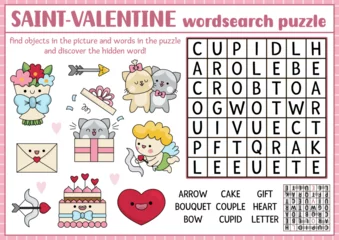 Fotobehang Vector Saint Valentine word search puzzle for kids. Love holiday quiz for children. Educational activity with kawaii symbols. Cute English language cross word with cupid, heart, couple, cake, bouquet. © Lexi Claus