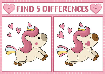 Saint Valentine kawaii find differences game for children. Attention skills activity with cute unicorn with heart on his cheek. Love holiday puzzle for kids. Printable what is different worksheet.