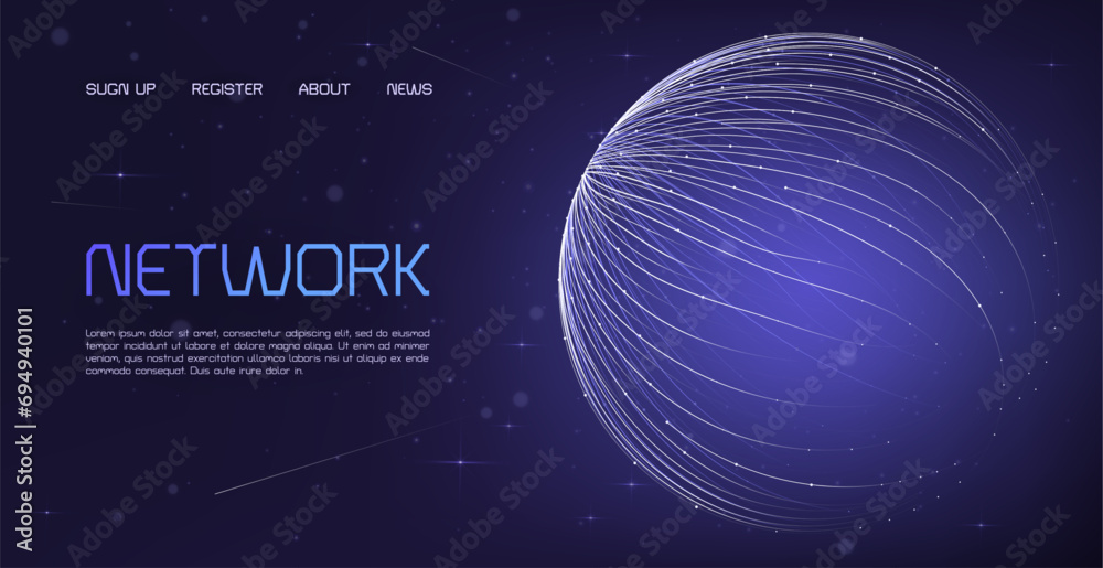 Poster Blockchain landing page. Digital technology. Network connect. Big data. World globe. Tech cloud or hub. Global map. Bank hologram. Website template. Cyberspace design. Vector background