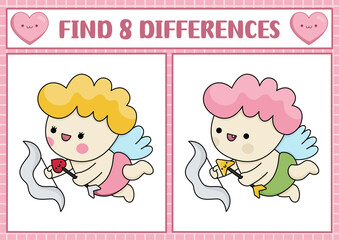 Saint Valentine kawaii find differences game for children. Attention skills activity with cute cupid with bow and arrows. Love holiday puzzle for kids. Printable what is different worksheet.