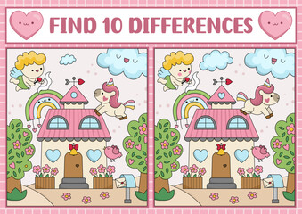 Saint Valentine kawaii find differences game for children. Attention skills activity with scene, cupid, house with hearts, unicorn. Love holiday puzzle for kids. Printable what is different worksheet
