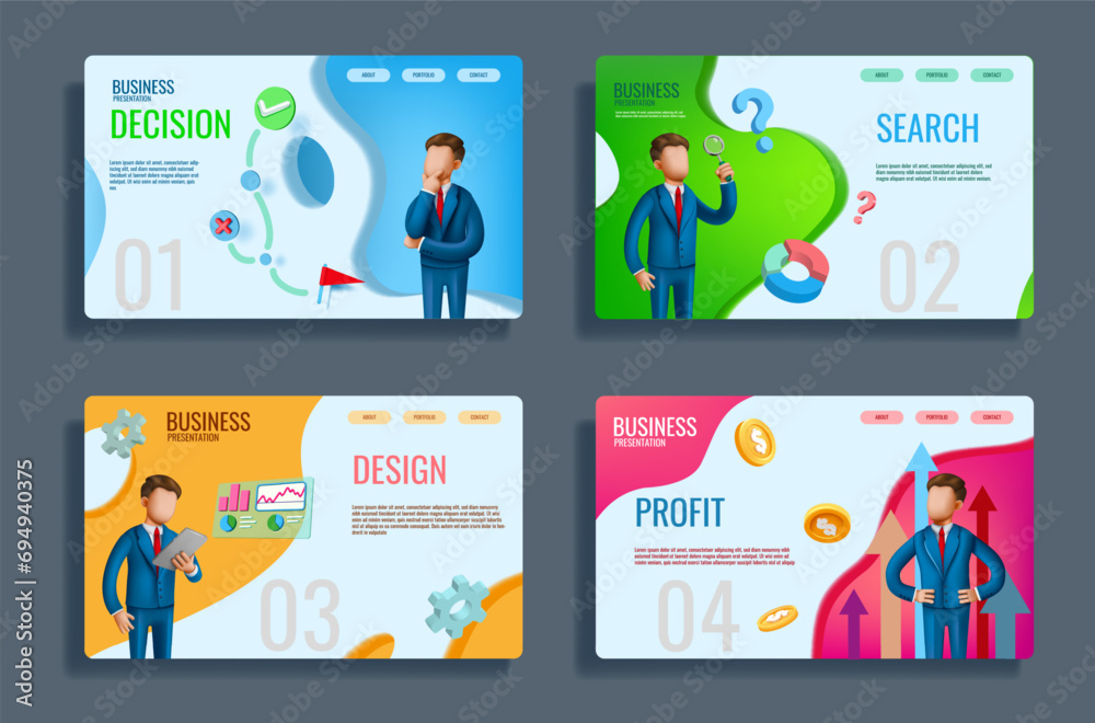 Poster business development landing page. presentation infographic. project banner. corporate slide 3d desi