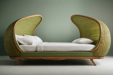 Concept design of cozy bed with wooden decor. Creative bedroom interior design concept.