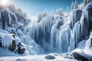 A breathtaking frozen waterfall cascading down a cliff surrounded by jagged rocks covered in a thick layer of snow and ice. - Powered by Adobe