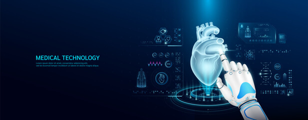 Robot index finger is touching a human heart. Medical health care with futuristic technology AI. Organ X ray examination and scan virtual simulation interface hologram. Banner vector. - obrazy, fototapety, plakaty