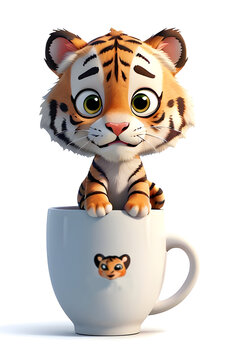 3D Animation Style cute tiger in a white cup with white background JPG
