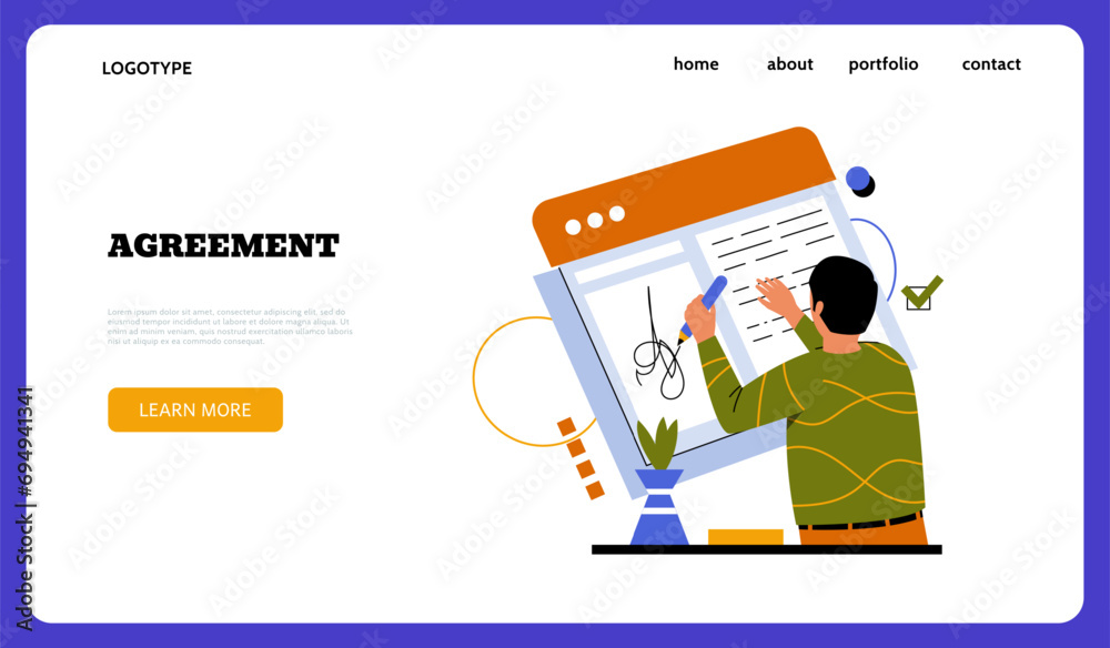 Aufkleber business agreement landing page. contract signature. man signing document on laptop or digital table