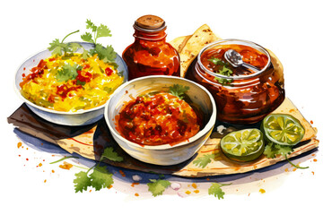 Zesty Watercolor Mexican Cuisine Ensemble on White Background  - obrazy, fototapety, plakaty