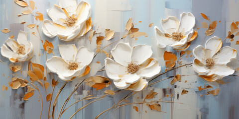 Abstract oil painting White petals, flowers drawn with a palette knife on a blue background.
