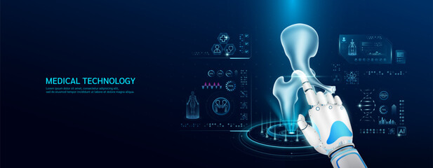 Robot index finger is touching a human hip joint. Medical health care with futuristic technology AI. Organ X ray examination and scan virtual simulation interface hologram. Banner vector. - obrazy, fototapety, plakaty