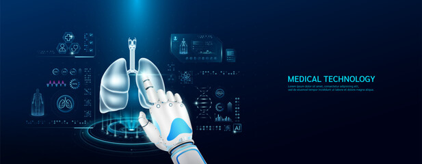 Robot index finger is touching a human lung. Medical health care with futuristic technology AI. Organ X ray examination and scan virtual simulation interface hologram. Banner vector. - obrazy, fototapety, plakaty